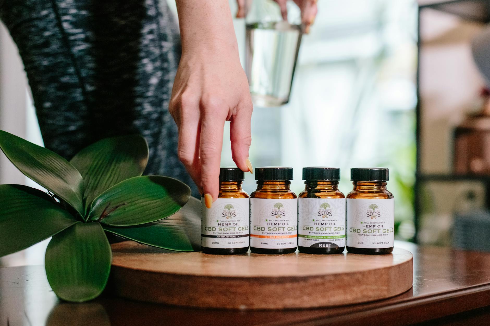 Codzienna dawka CBD w rutynie wellness: jak wpleść konopie w swoje rytuały Dłoń sięgająca po kapsułkę CBD z butelki miękkich żeli